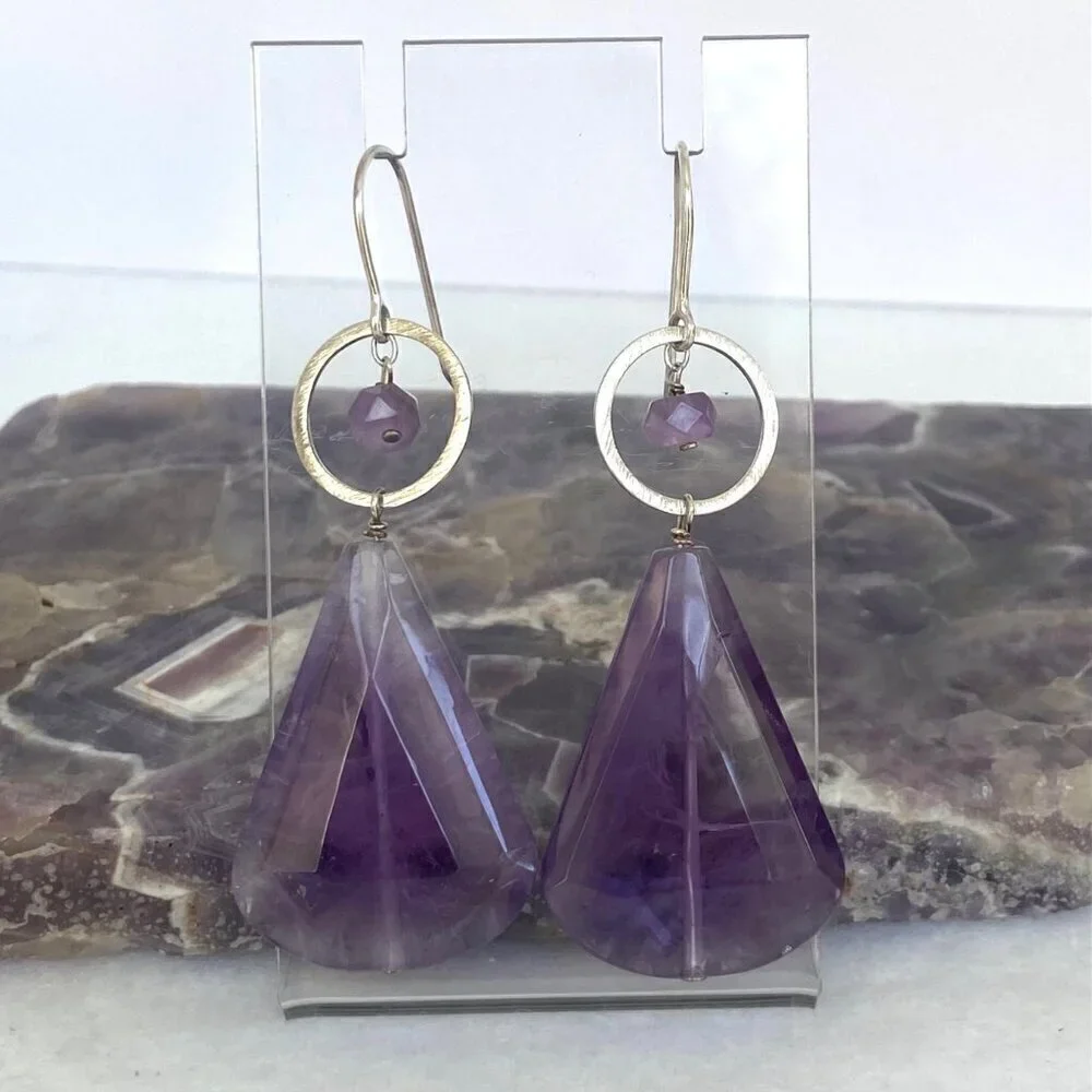 Deb Guyot Sterling Silver 925 Chunky Faceted Teardrop Amethyst Dangle Earrings